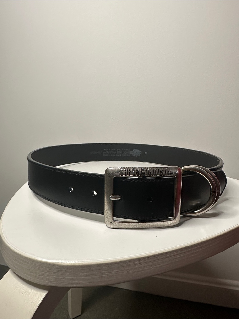 Harley-Davidson Black Leather Men’s Belt with Engraved Silver Buckle